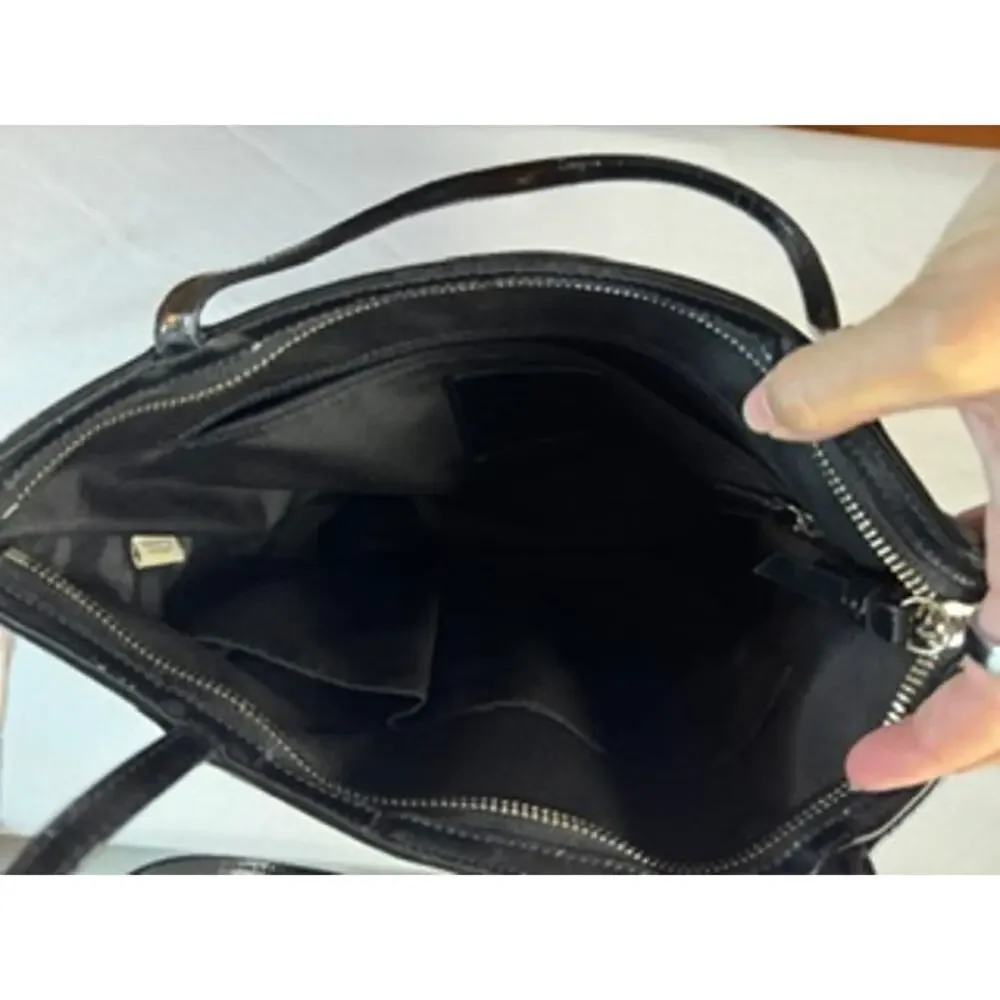 Coach Signature Stripe Tote Black Gray Patent Trim Shoulder Bag